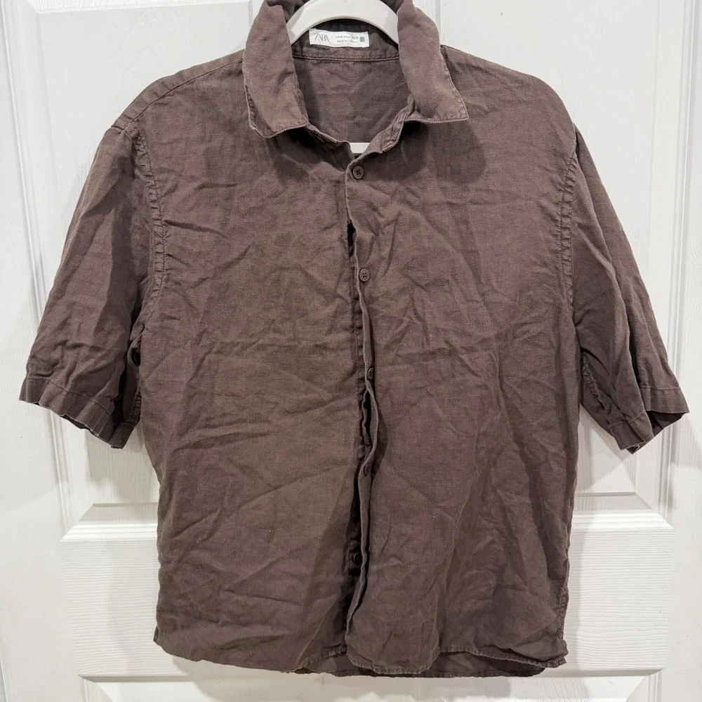 Zara Man 100% Linen Short Sleeve Button Down Shirt Brown Medium 5679/876/904/M